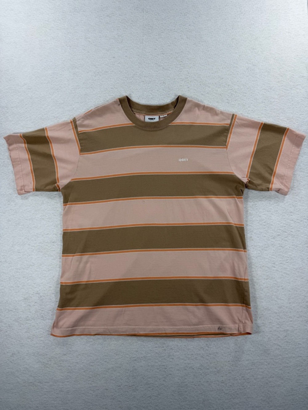 Obey Men’s Pink and Tan Striped Crew Tee Sz XL